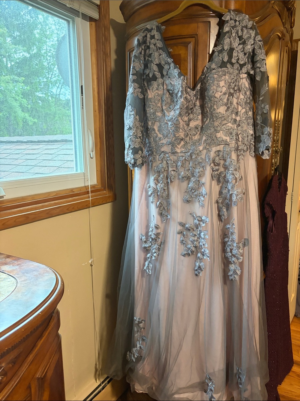 La Femme Gray Lace Appliqué Long Sleeve Tulle Gown